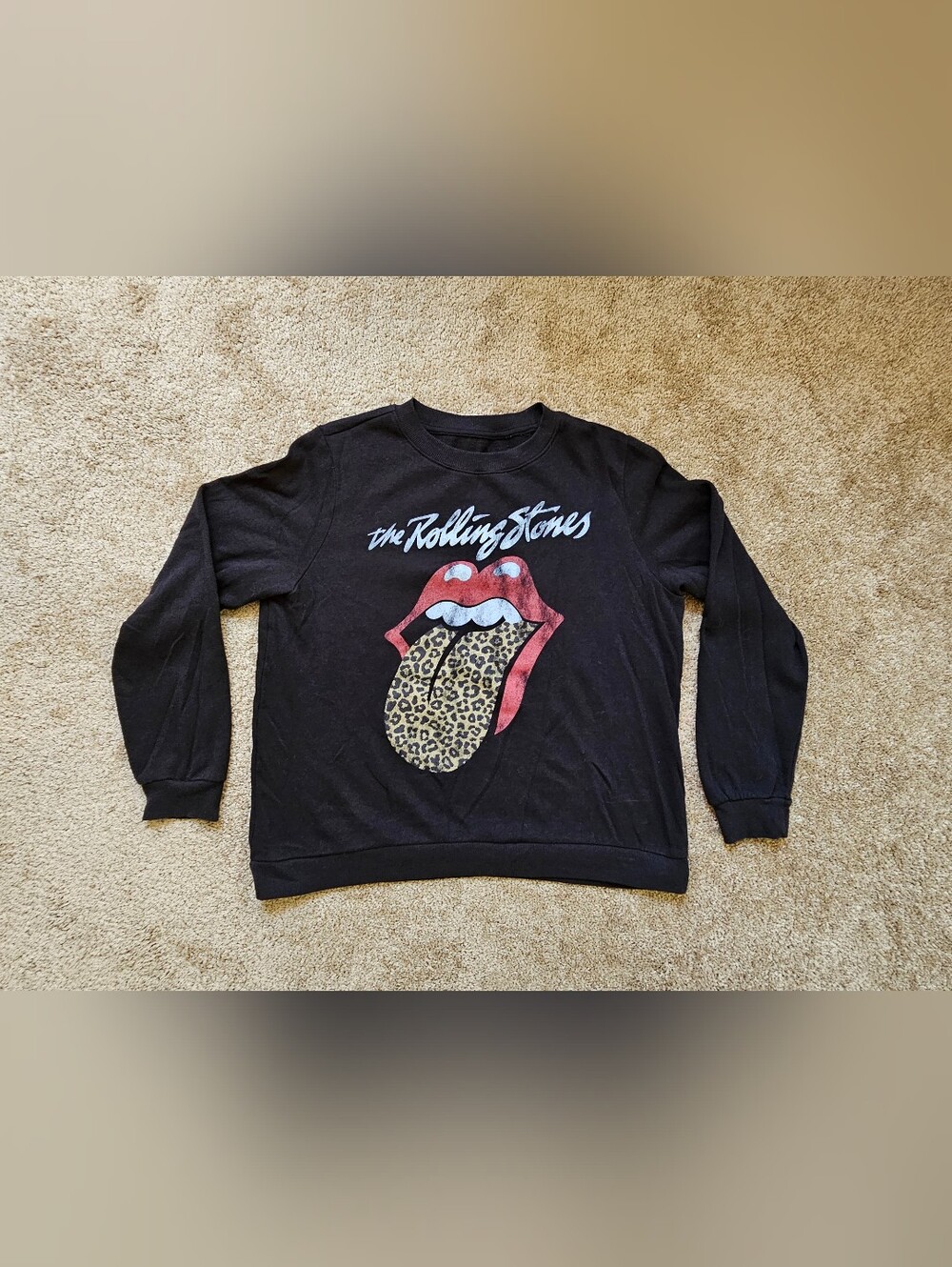 Rolling Stones Logo - Leopard Tongue Knit Lightweight Sweatshirt Womens Large